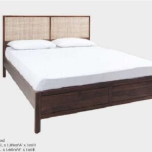 Dark wood bed frame with two under-bed drawers, white sheets and a woven panel headboard.