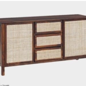 Dark brown sideboard in sheesham wood with woven cane panels, featuring two cabinet sections at the ends and three central drawers.