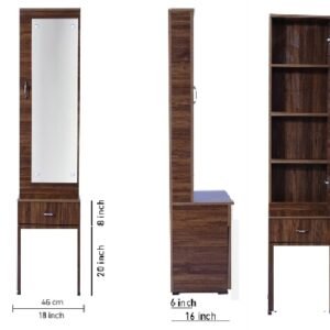 Tall dark wood vanity cabinet with a full-length mirror on the door, a small lower drawer, and slender legs; shown from front, side, and with the door open to reveal shelves and extra storage. Includes dimension callouts indicating overall height and cabinet width.