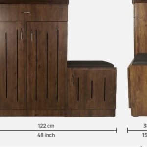 Wooden bathroom vanity with tall left cabinet, central storage and seat, plus a separate right-side cabinet; dimensions shown: total width 122 cm (48 in), height 107 cm (42 in), right cabinet width 38 cm (15 in).