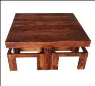 Brown Color Irani Sheesham Wooden Coffee Table With Seating Stools With Cushion
