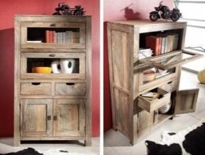 Brown Color Solid Wood Book Shelf With 2 Gate & 2 Drawer