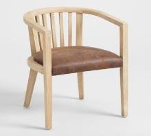 Brown Color Mango Wood Round Back Goat Leather Chair With Cushion